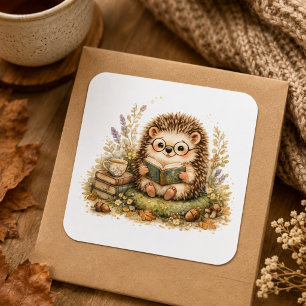 Cute Hedgehog Reading Book Cosy Autumn Square Sticker