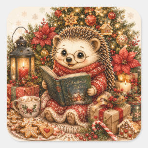 Cute Hedgehog Reading Book Cottagecore Aesthetic Square Sticker