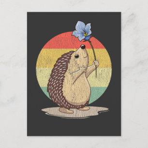 Cute Hedgehog Retro Flower Sunset Autumn Animal Postcard