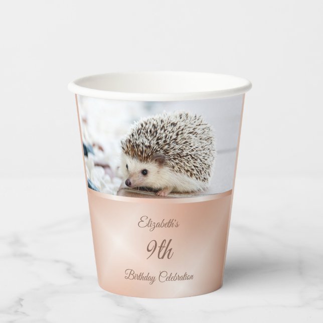 Cute Hedgehog Rose Gold | Custom Birthday Paper Cups (Front)