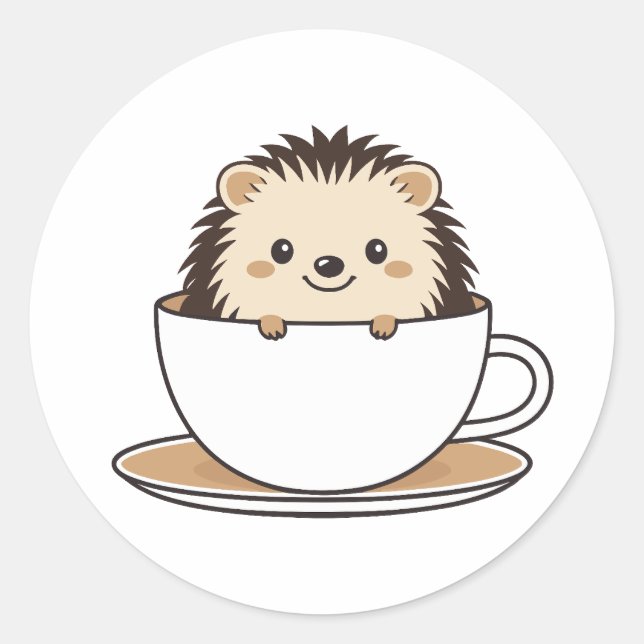 Cute Hedgehog Sitting in the Coffee Cup Classic Round Sticker (Front)