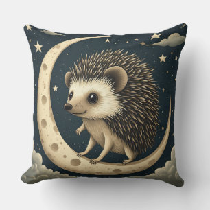 Cute Hedgehog Sitting on Crescent Moon Cushion