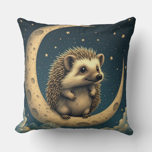 Cute Hedgehog Sitting on Crescent Moon Cushion (Front)