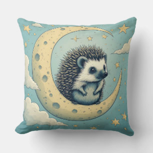 Cute Hedgehog Sitting on Crescent Moon Cushion