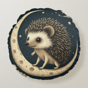 Cute Hedgehog Sitting on Crescent Moon Round Cushion