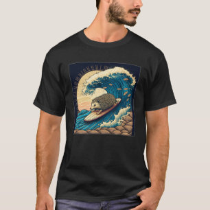 Cute Hedgehog Surfing Illustration Sea Great Wave T-Shirt