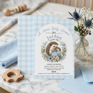 Cute Hedgehog Sweet Baby Shower Blue Gingham Invitation