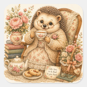Cute Hedgehog Tea Time Grandmacore Cosy Armchair Square Sticker