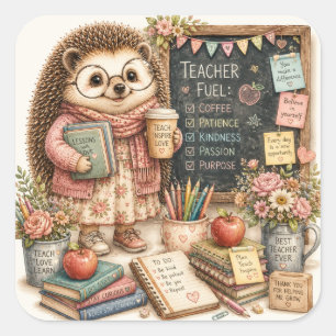 Cute Hedgehog Teacher Watercolor Art Square Sticker