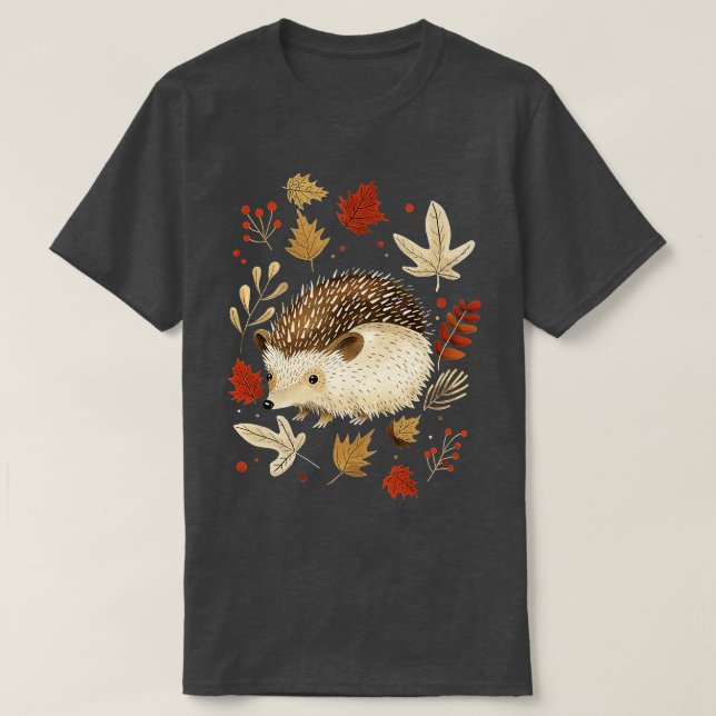 Cute Hedgehog Throws Fall Leaves T-Shirt (Design Front)