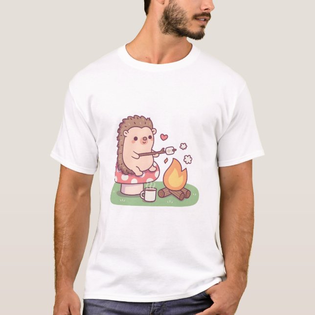 Cute Hedgehog Toasting Marshmallow At Campfire T-Shirt (Front)