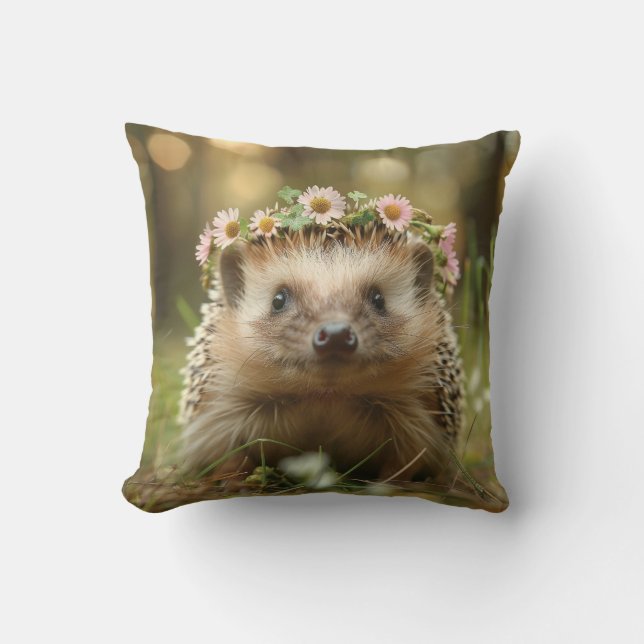 Cute hedgehog with a crown of flowers cushion (Front)