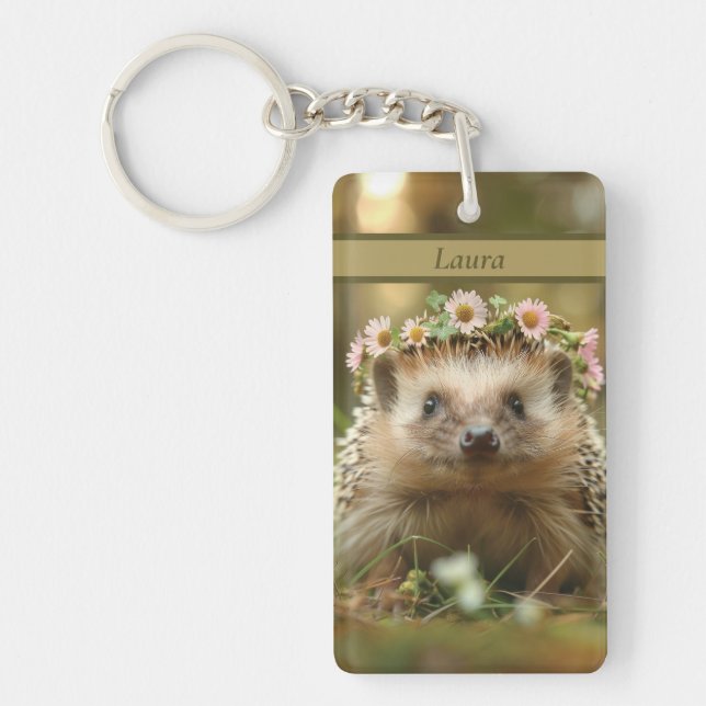 Cute hedgehog with a crown of flowers key ring (Front)