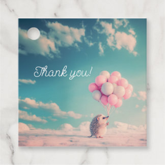 Cute hedgehog with birthday balloons, customisable favour tags