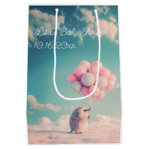 Cute hedgehog with birthday balloons, customisable medium gift bag