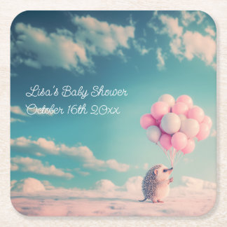 Cute hedgehog with birthday balloons, customisable square paper coaster
