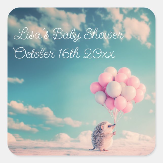 Cute hedgehog with birthday balloons, customisable square sticker (Front)