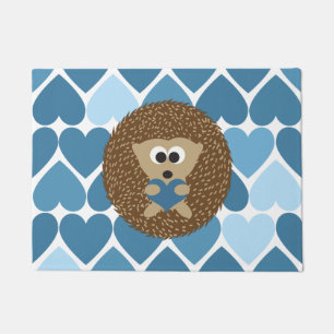 Cute Hedgehog with Blue Heart Background Doormat