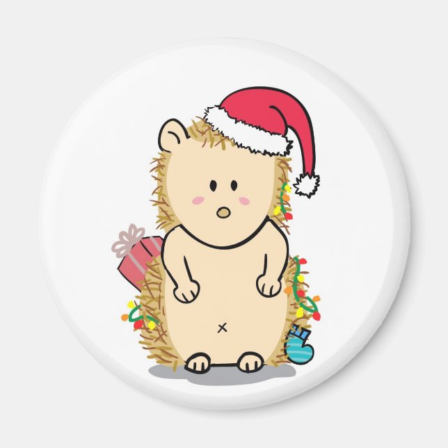 Cute Hedgehog with Christmas Hat Cartoon Magnet (Front)