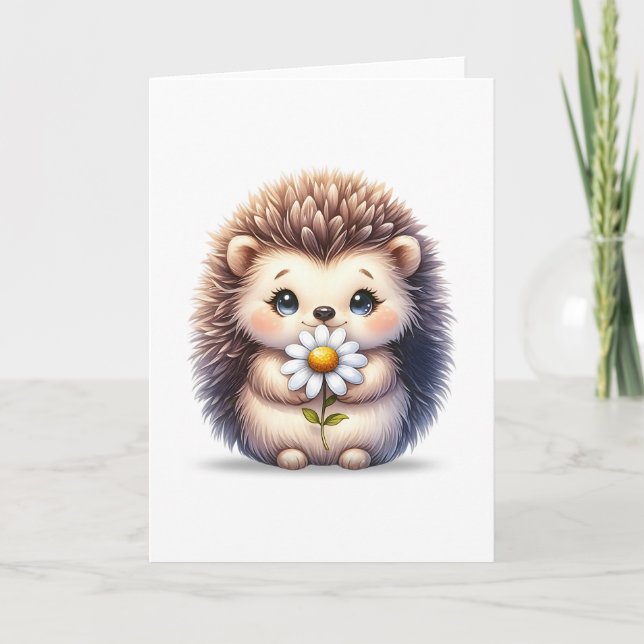 Cute Hedgehog with Daisy Blank Greeting Card (Front)