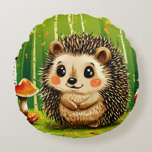 Cute Hedgehog With Green Forest Background Round Cushion