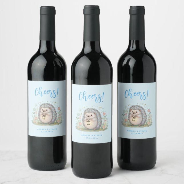 Cute Hedgehog with Lantern Cheers! Wine Label (Bottles)