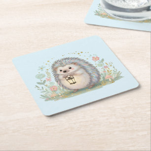 Cute Hedgehog with Lantern Square Paper Coaster