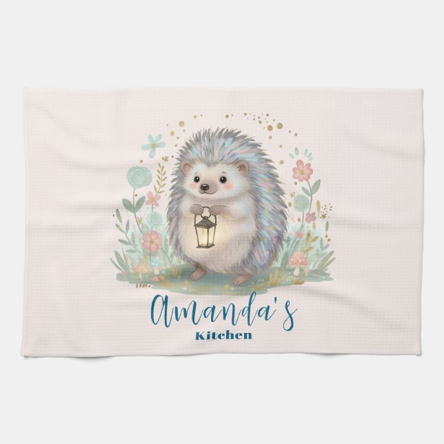 Cute Hedgehog with Lantern Tea Towel (Horizontal)