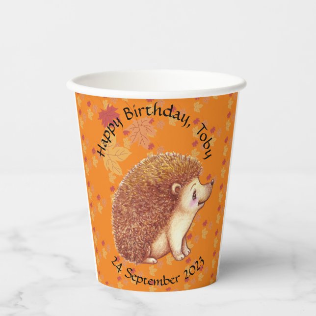 Cute hedgehog with orange leaves  paper cups (Front)