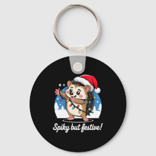 Cute Hedgehog With Santa Hat Christmas Lights Wint Key Ring