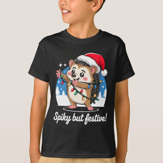Cute Hedgehog With Santa Hat Christmas Lights Wint T-Shirt (Front)