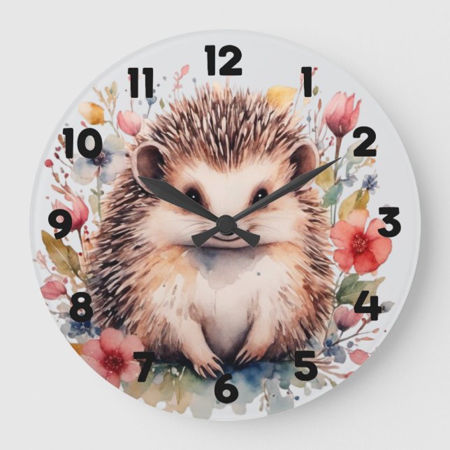 Cute hedgehog with Spring flowers Large Clock (Front)