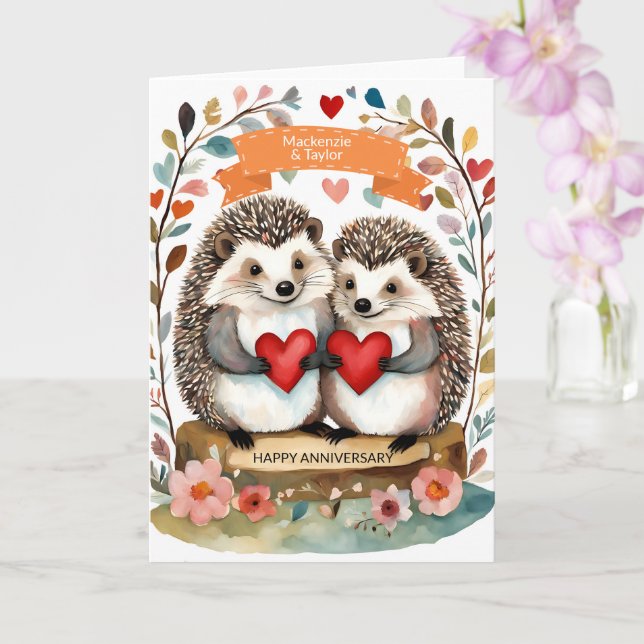 Cute Hedgehogs Hedgehugs personalised Anniversary  Card (Orchid)
