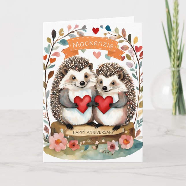Cute Hedgehogs Hedgehugs Personalised Anniversary  Card (Front)