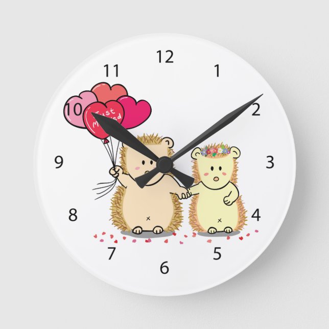 Cute hedgehogs with balloons, newly married couple round clock (Front)