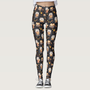 Cute Hedgehogs with Bread and Autumn Leaves  Leggings