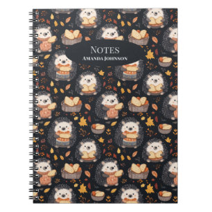 Cute Hedgehogs with Bread and Autumn Leaves Notebook