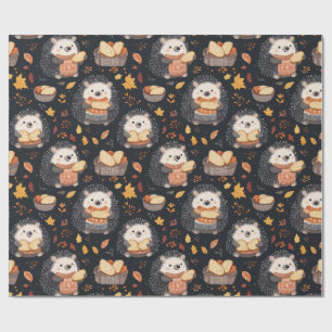 Cute Hedgehogs with Bread and Autumn Leaves  Wrapping Paper
