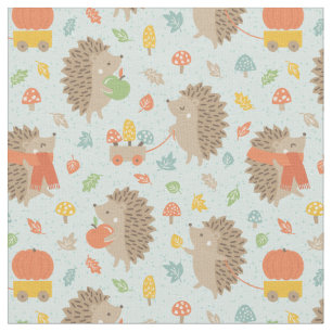Cute Hedgehogs with Little Leaves blue Fabric