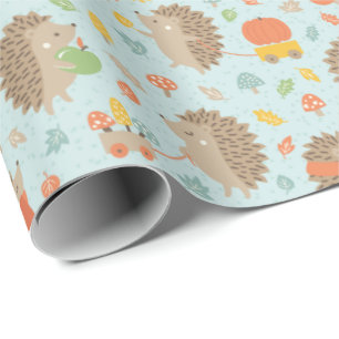 Cute Hedgehogs with Little Leaves Blue Wrapping Paper