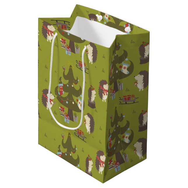 Cute Hedgehogs With Xmas Tree and Sleigh Kids  Medium Gift Bag (Front Angled)