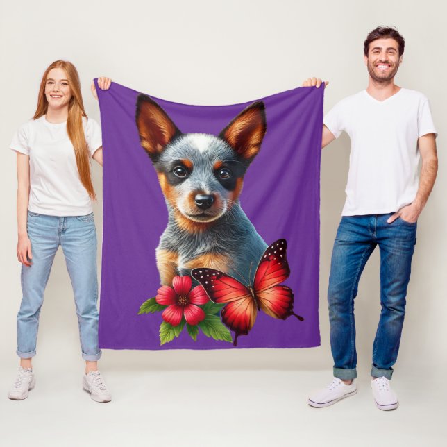 Cute Heeler Puppy With Butterfly and Flower  Fleece Blanket (In Situ)