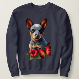Cute Heeler Puppy With Butterfly and Flower Sweatshirt