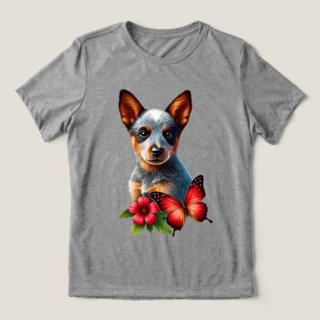 Cute Heeler Puppy With Butterfly and Flower  Tri-Blend Shirt (Design Front)