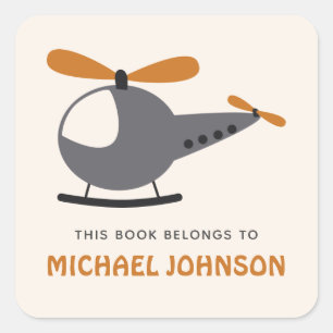 Cute Helicopter & Kid Boy Name Bookplate Square Sticker