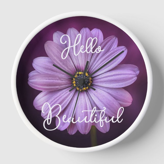 Cute Hello Beautiful Quote Lavender Daisy Flower Clock (Front)