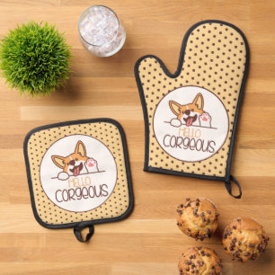 Cute Hello Corgi Dog Oven Mitt & Pot Holder Set