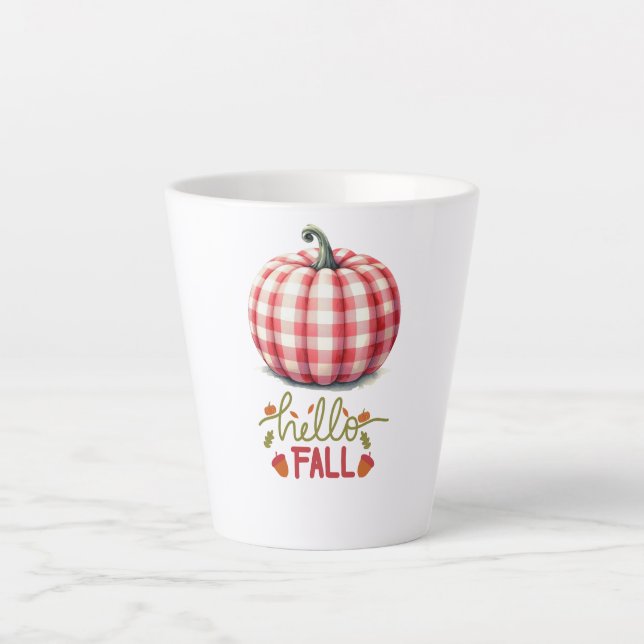 Cute hello fall plaid pumpkin latte mug (Front)