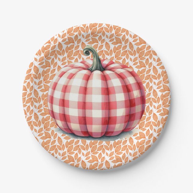 Cute hello fall plaid pumpkin paper plate (Front)