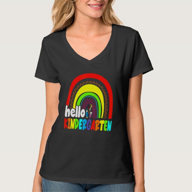 Cute Hello Kindergarten Rainbow First Day Of Schoo T-Shirt (Front)